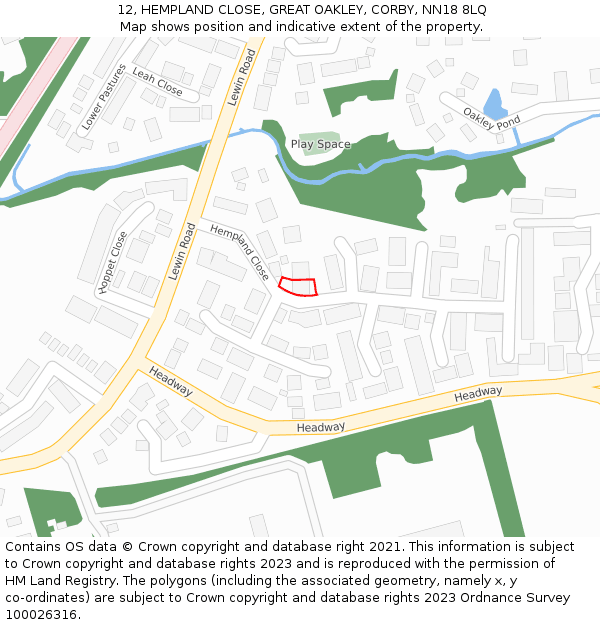 12, HEMPLAND CLOSE, GREAT OAKLEY, CORBY, NN18 8LQ: Location map and indicative extent of plot