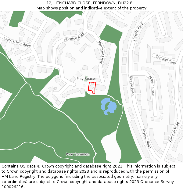 12, HENCHARD CLOSE, FERNDOWN, BH22 8LH: Location map and indicative extent of plot