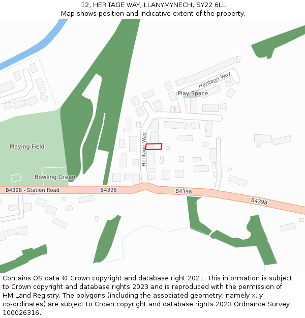 12, HERITAGE WAY, LLANYMYNECH, SY22 6LL: Location map and indicative extent of plot