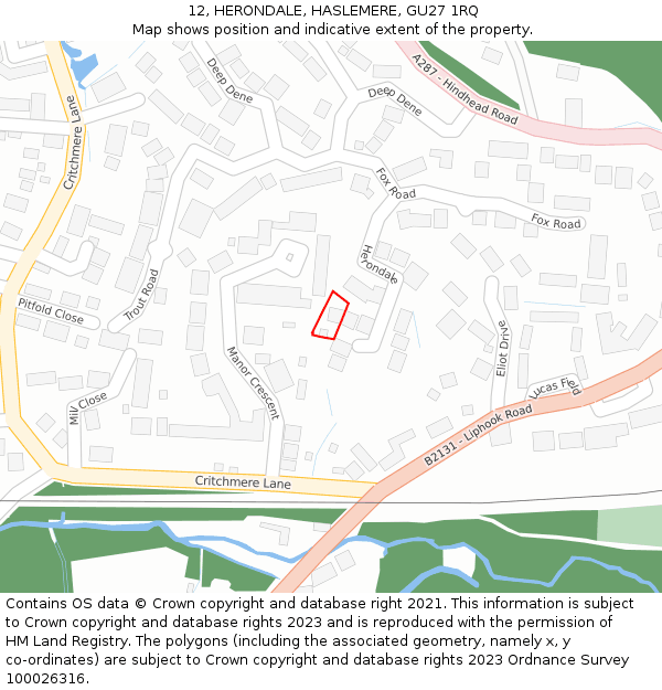 12, HERONDALE, HASLEMERE, GU27 1RQ: Location map and indicative extent of plot