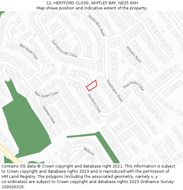 12, HERTFORD CLOSE, WHITLEY BAY, NE25 9XH: Location map and indicative extent of plot