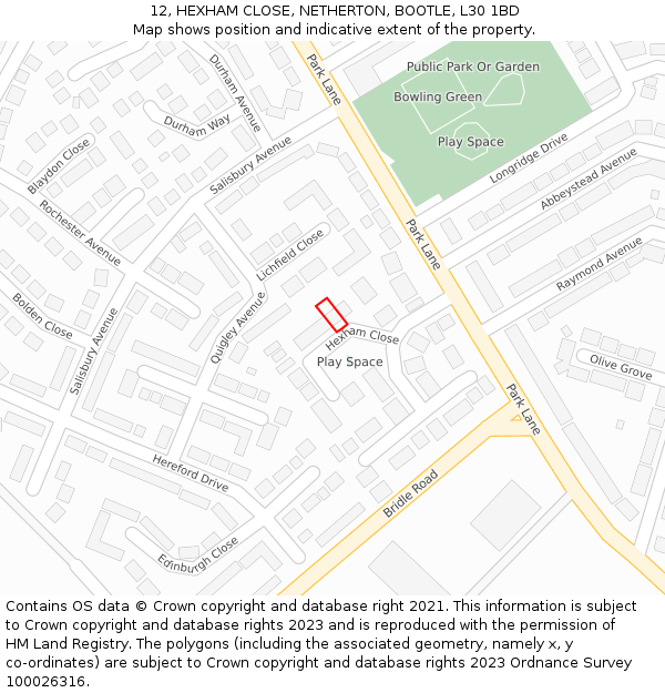 12, HEXHAM CLOSE, NETHERTON, BOOTLE, L30 1BD: Location map and indicative extent of plot