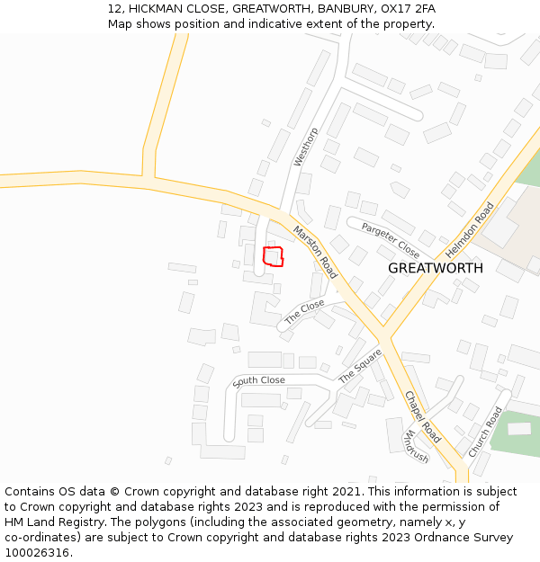 12, HICKMAN CLOSE, GREATWORTH, BANBURY, OX17 2FA: Location map and indicative extent of plot