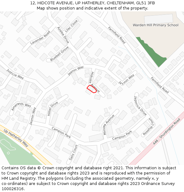 12, HIDCOTE AVENUE, UP HATHERLEY, CHELTENHAM, GL51 3FB: Location map and indicative extent of plot