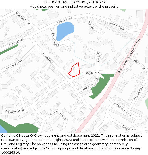 12, HIGGS LANE, BAGSHOT, GU19 5DP: Location map and indicative extent of plot