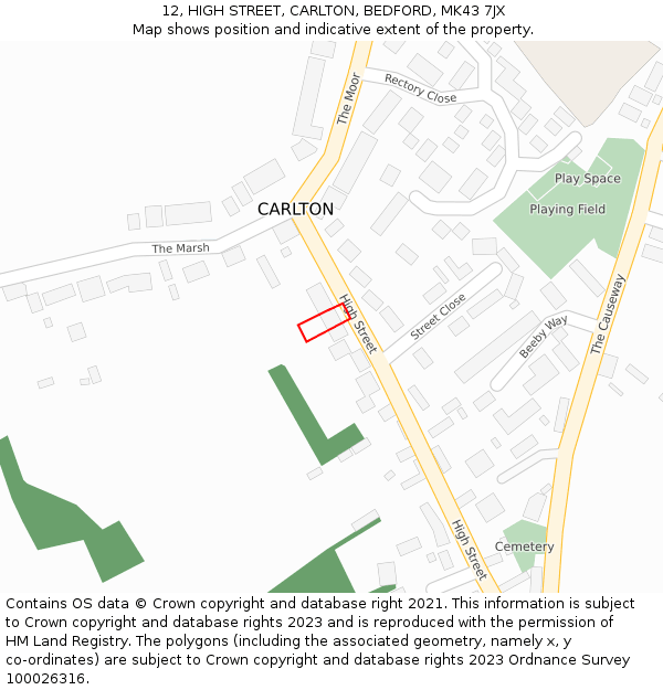 12, HIGH STREET, CARLTON, BEDFORD, MK43 7JX: Location map and indicative extent of plot