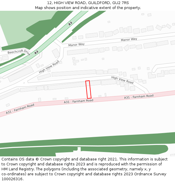 12, HIGH VIEW ROAD, GUILDFORD, GU2 7RS: Location map and indicative extent of plot