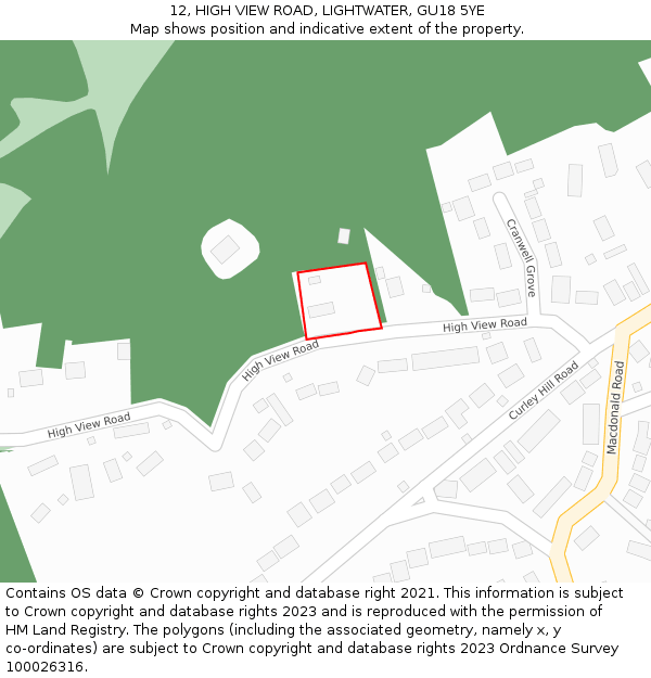 12, HIGH VIEW ROAD, LIGHTWATER, GU18 5YE: Location map and indicative extent of plot