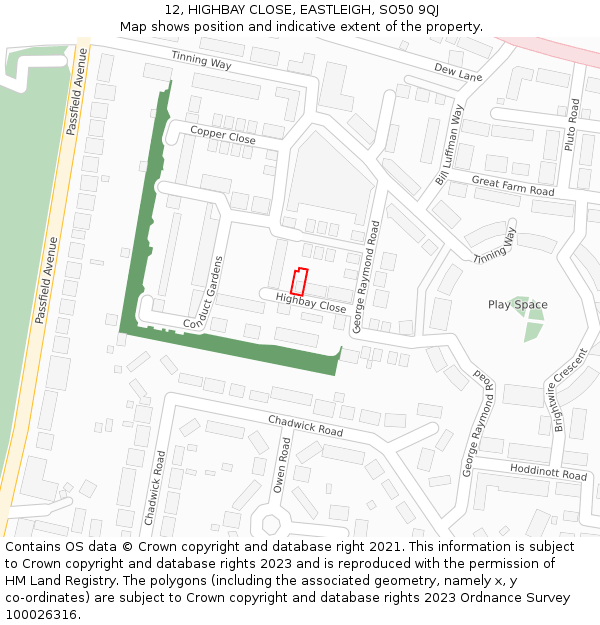 12, HIGHBAY CLOSE, EASTLEIGH, SO50 9QJ: Location map and indicative extent of plot