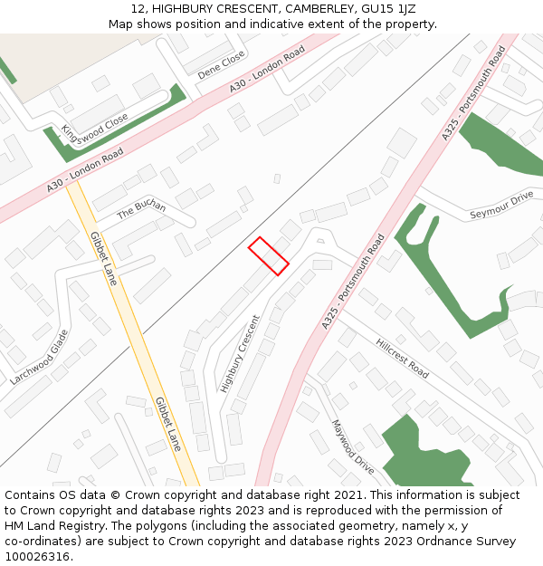 12, HIGHBURY CRESCENT, CAMBERLEY, GU15 1JZ: Location map and indicative extent of plot