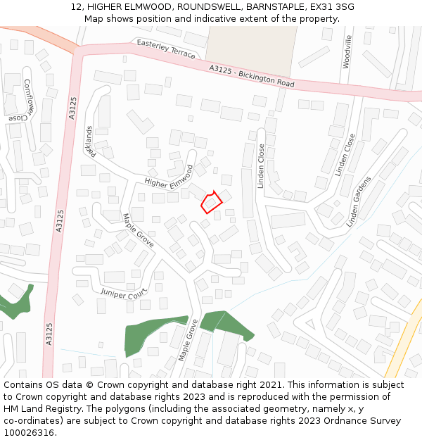12, HIGHER ELMWOOD, ROUNDSWELL, BARNSTAPLE, EX31 3SG: Location map and indicative extent of plot