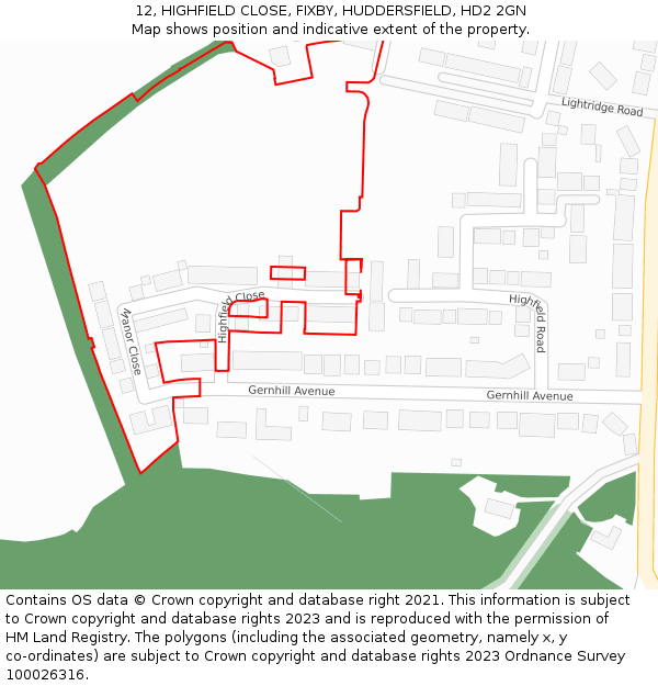 12, HIGHFIELD CLOSE, FIXBY, HUDDERSFIELD, HD2 2GN: Location map and indicative extent of plot