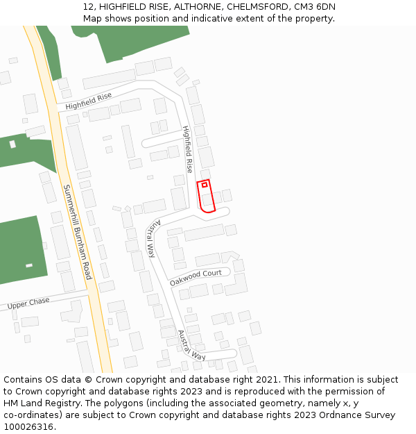 12, HIGHFIELD RISE, ALTHORNE, CHELMSFORD, CM3 6DN: Location map and indicative extent of plot