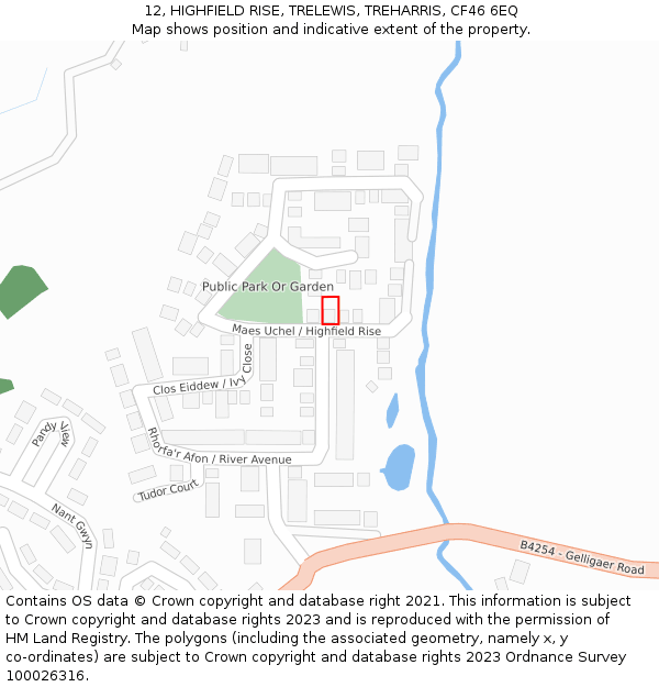 12, HIGHFIELD RISE, TRELEWIS, TREHARRIS, CF46 6EQ: Location map and indicative extent of plot