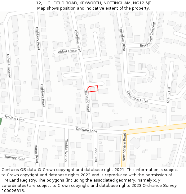 12, HIGHFIELD ROAD, KEYWORTH, NOTTINGHAM, NG12 5JE: Location map and indicative extent of plot