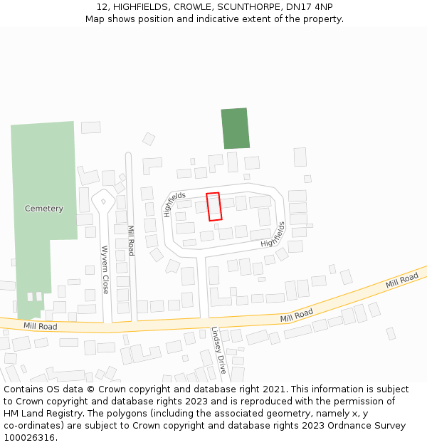 12, HIGHFIELDS, CROWLE, SCUNTHORPE, DN17 4NP: Location map and indicative extent of plot