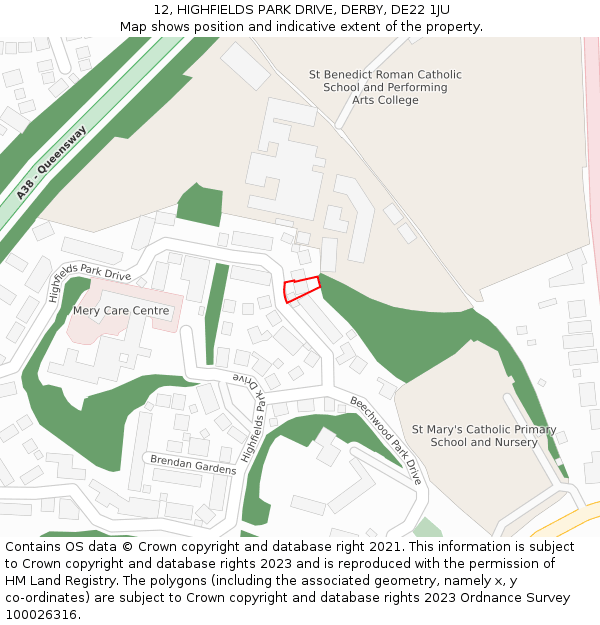 12, HIGHFIELDS PARK DRIVE, DERBY, DE22 1JU: Location map and indicative extent of plot