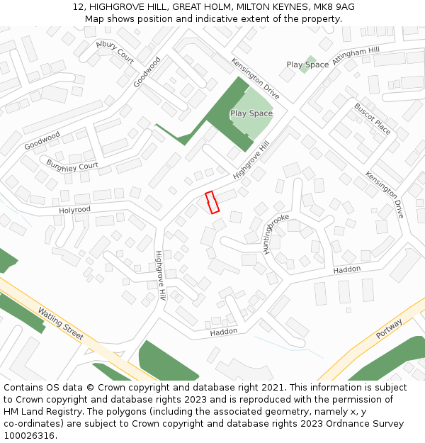 12, HIGHGROVE HILL, GREAT HOLM, MILTON KEYNES, MK8 9AG: Location map and indicative extent of plot