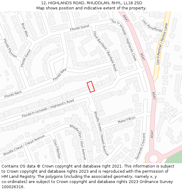 12, HIGHLANDS ROAD, RHUDDLAN, RHYL, LL18 2SD: Location map and indicative extent of plot