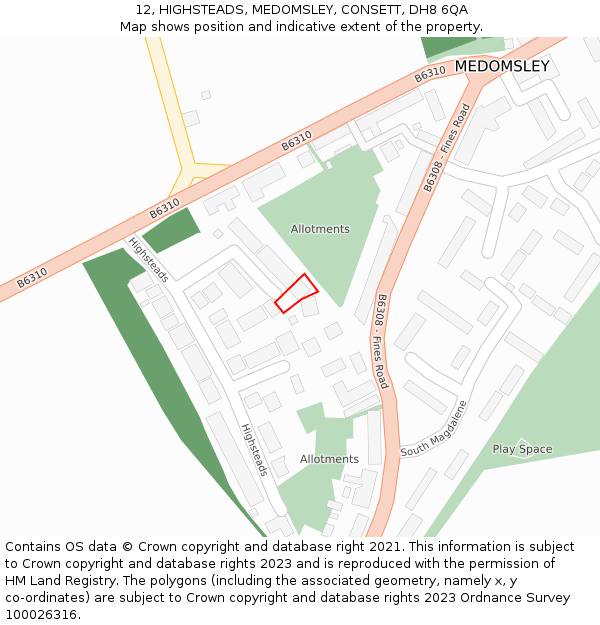 12, HIGHSTEADS, MEDOMSLEY, CONSETT, DH8 6QA: Location map and indicative extent of plot