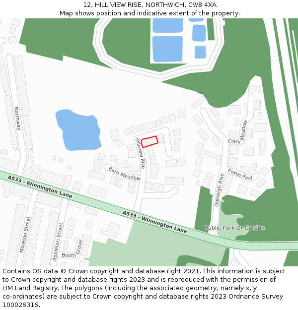 12, HILL VIEW RISE, NORTHWICH, CW8 4XA: Location map and indicative extent of plot