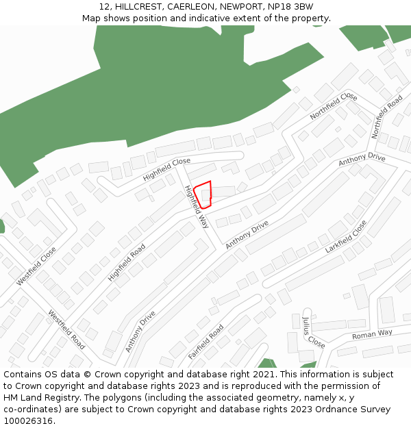 12, HILLCREST, CAERLEON, NEWPORT, NP18 3BW: Location map and indicative extent of plot