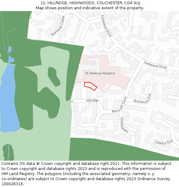 12, HILLRIDGE, HIGHWOODS, COLCHESTER, CO4 9UJ: Location map and indicative extent of plot