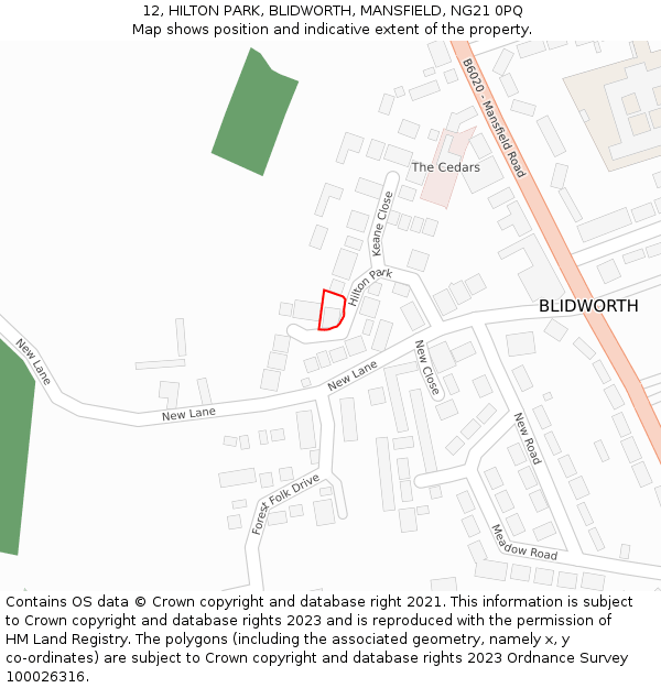 12, HILTON PARK, BLIDWORTH, MANSFIELD, NG21 0PQ: Location map and indicative extent of plot
