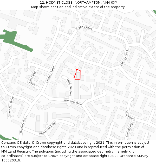 12, HODNET CLOSE, NORTHAMPTON, NN4 0XY: Location map and indicative extent of plot