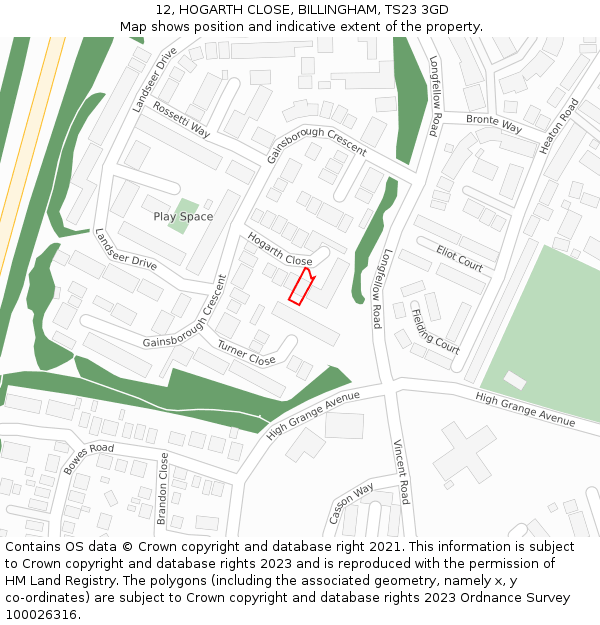 12, HOGARTH CLOSE, BILLINGHAM, TS23 3GD: Location map and indicative extent of plot