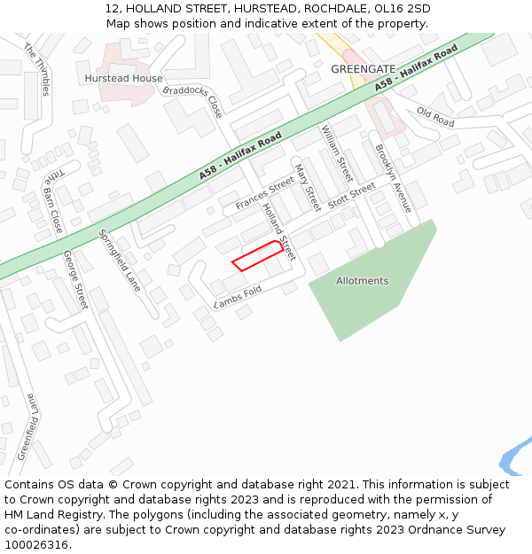 12, HOLLAND STREET, HURSTEAD, ROCHDALE, OL16 2SD: Location map and indicative extent of plot