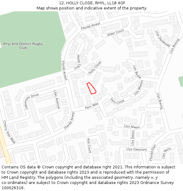 12, HOLLY CLOSE, RHYL, LL18 4GF: Location map and indicative extent of plot