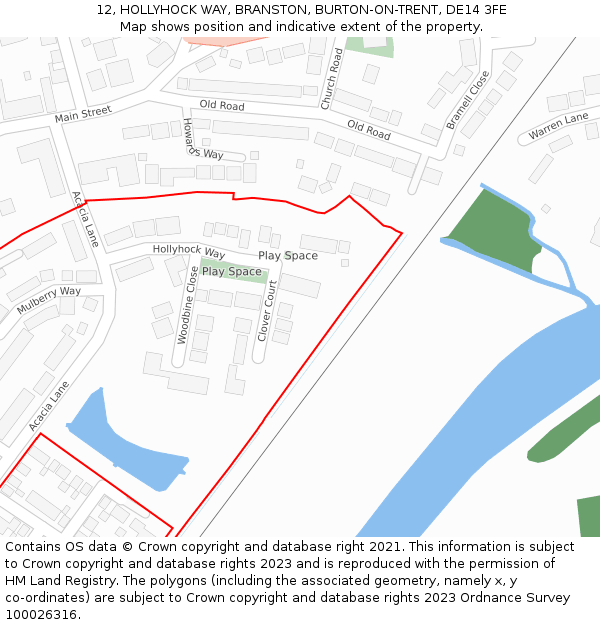 12, HOLLYHOCK WAY, BRANSTON, BURTON-ON-TRENT, DE14 3FE: Location map and indicative extent of plot