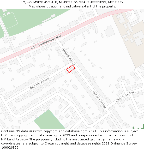 12, HOLMSIDE AVENUE, MINSTER ON SEA, SHEERNESS, ME12 3EX: Location map and indicative extent of plot