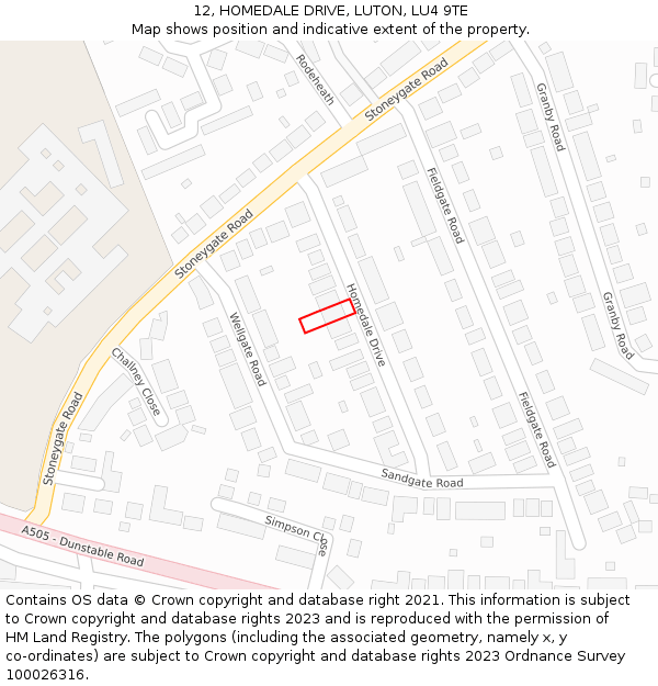 12, HOMEDALE DRIVE, LUTON, LU4 9TE: Location map and indicative extent of plot