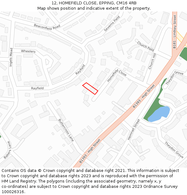 12, HOMEFIELD CLOSE, EPPING, CM16 4RB: Location map and indicative extent of plot