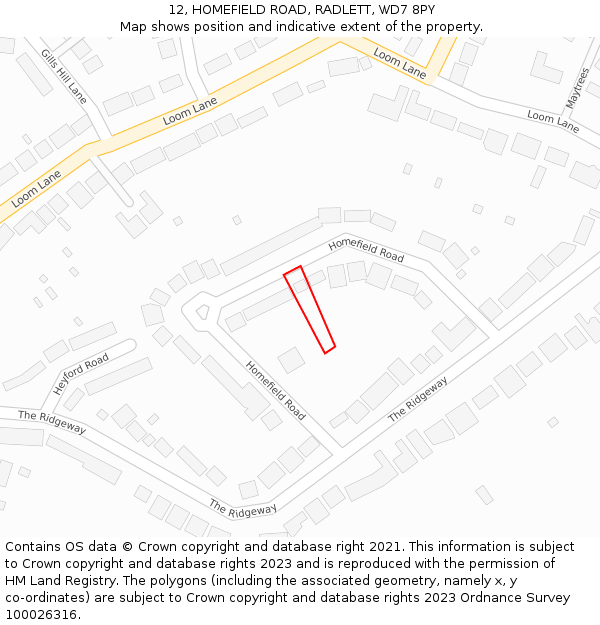 12, HOMEFIELD ROAD, RADLETT, WD7 8PY: Location map and indicative extent of plot