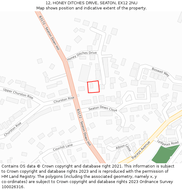 12, HONEY DITCHES DRIVE, SEATON, EX12 2NU: Location map and indicative extent of plot