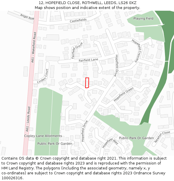 12, HOPEFIELD CLOSE, ROTHWELL, LEEDS, LS26 0XZ: Location map and indicative extent of plot