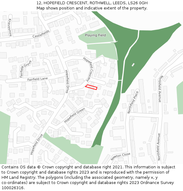 12, HOPEFIELD CRESCENT, ROTHWELL, LEEDS, LS26 0GH: Location map and indicative extent of plot