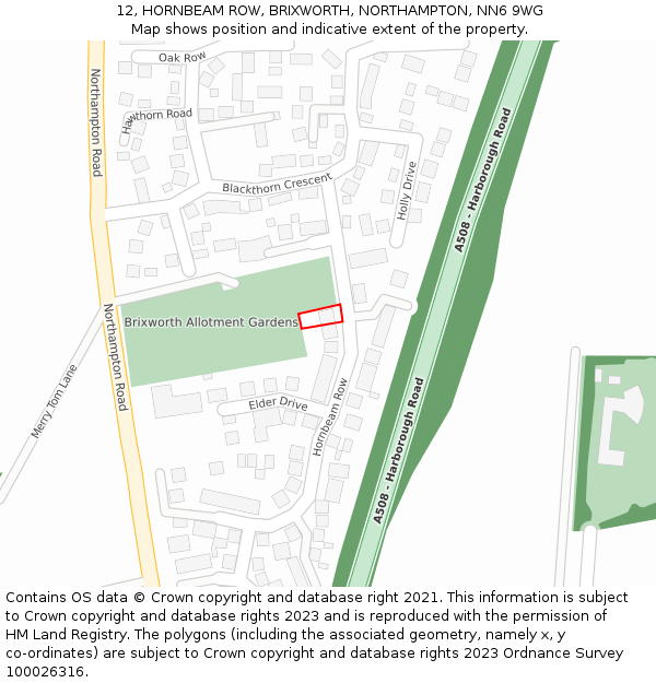 12, HORNBEAM ROW, BRIXWORTH, NORTHAMPTON, NN6 9WG: Location map and indicative extent of plot