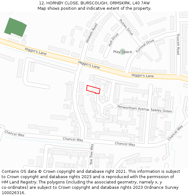 12, HORNBY CLOSE, BURSCOUGH, ORMSKIRK, L40 7AW: Location map and indicative extent of plot
