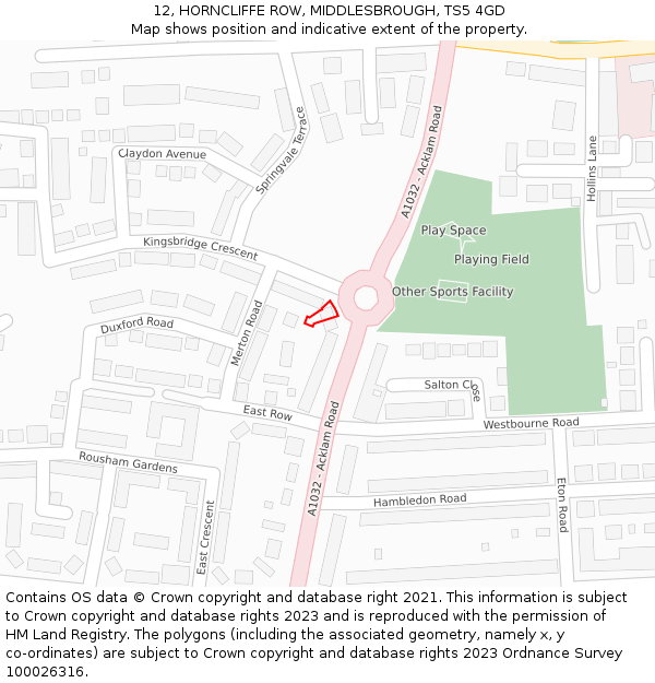 12, HORNCLIFFE ROW, MIDDLESBROUGH, TS5 4GD: Location map and indicative extent of plot