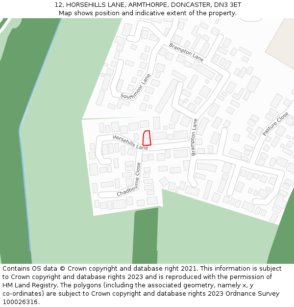 12, HORSEHILLS LANE, ARMTHORPE, DONCASTER, DN3 3ET: Location map and indicative extent of plot