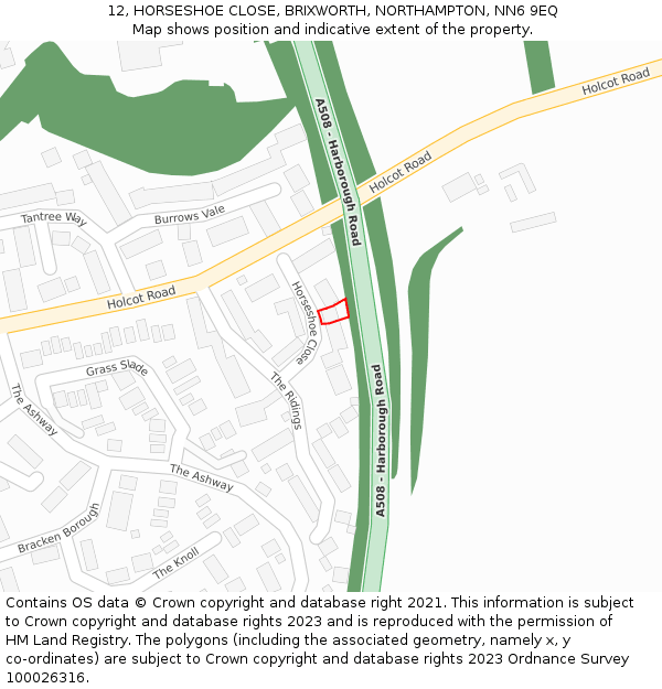 12, HORSESHOE CLOSE, BRIXWORTH, NORTHAMPTON, NN6 9EQ: Location map and indicative extent of plot