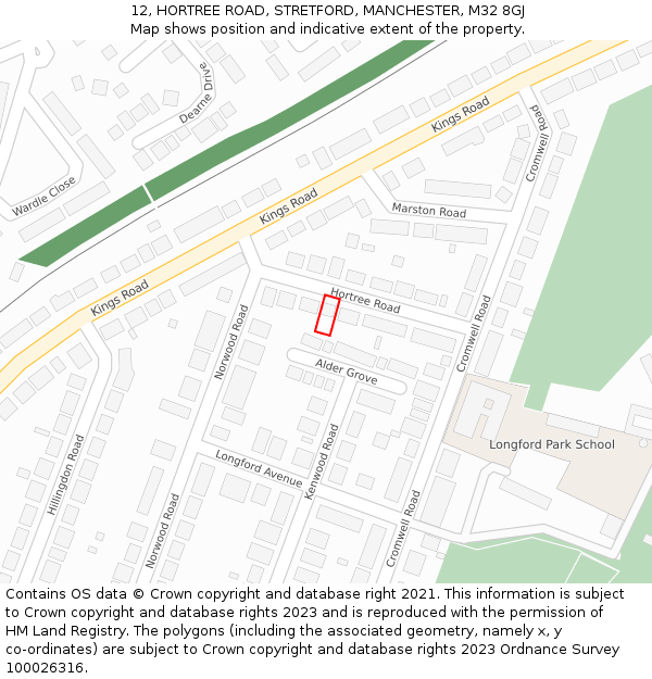 12, HORTREE ROAD, STRETFORD, MANCHESTER, M32 8GJ: Location map and indicative extent of plot