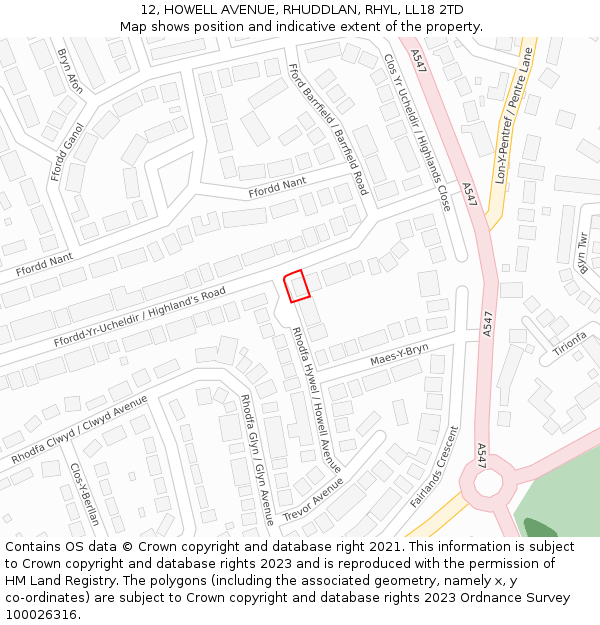 12, HOWELL AVENUE, RHUDDLAN, RHYL, LL18 2TD: Location map and indicative extent of plot