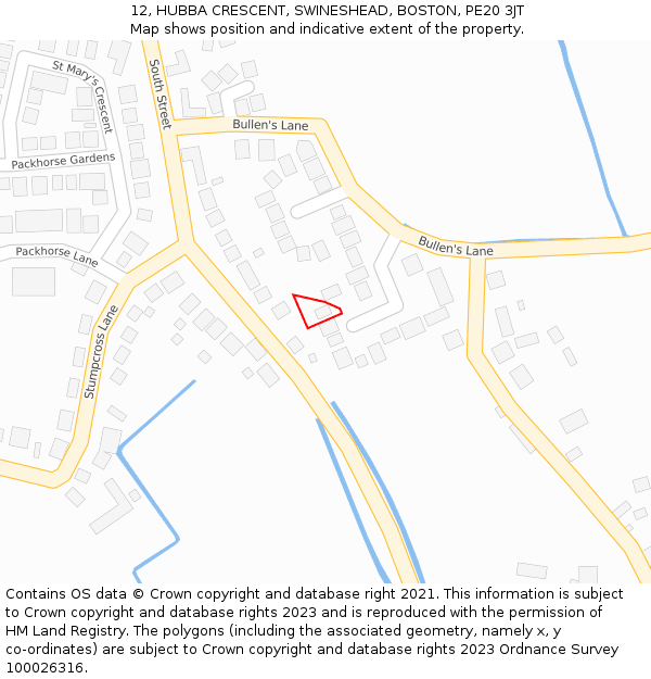 12, HUBBA CRESCENT, SWINESHEAD, BOSTON, PE20 3JT: Location map and indicative extent of plot