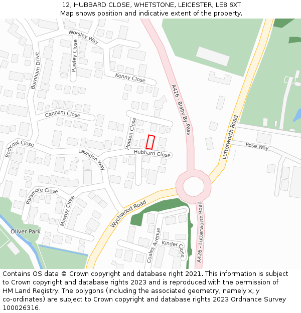 12, HUBBARD CLOSE, WHETSTONE, LEICESTER, LE8 6XT: Location map and indicative extent of plot