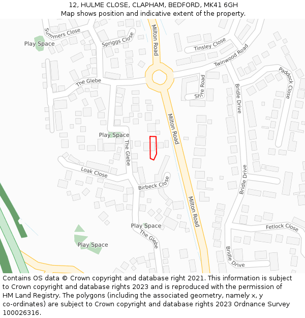 12, HULME CLOSE, CLAPHAM, BEDFORD, MK41 6GH: Location map and indicative extent of plot